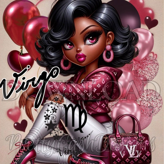 Virgo Birthday Boop Doll in Pink Burgundy bliss, Virgo, Zodiac, Svg Files, Clip Art, Sublimation, PNG, DTF, high resolution, cricut, Tshirt, Gift