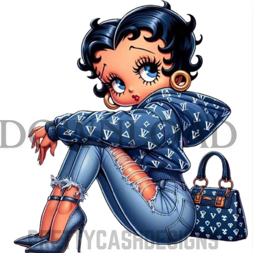 Boujee Boop Doll Classy character wearing blue hoodie ripped jeans blue high heel boots designer handbag sitting gracefully Etsy bestseller instant download digital file png file svg file Pintrest Trending Boutique style sublimation designs for DTF TSHIRTS for women gifts for her printable 300DPI HIGH RESOLUTION GOOGLE shop images clip art 